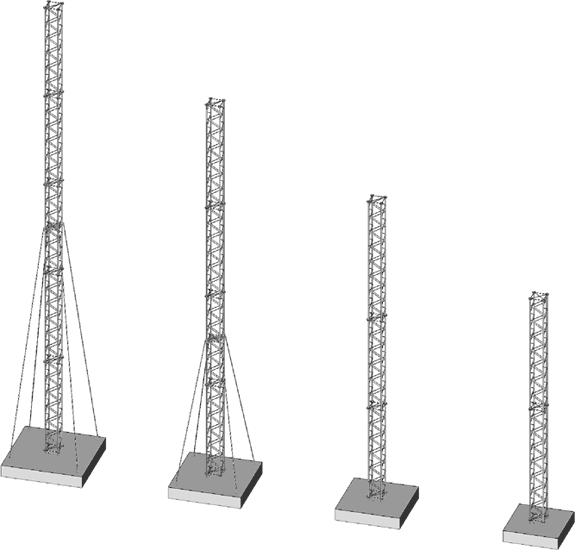 Lavné stořáry pro wifi antény - zleva výšky 30, 25, 20 a 15 m